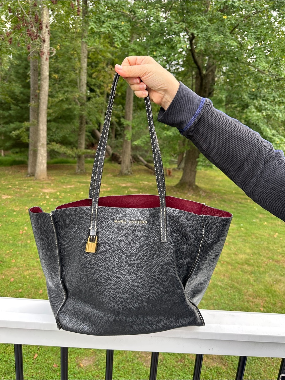 Marc Jacobs Black Leather Tote with Burgundy Interior and Gold Hardware
